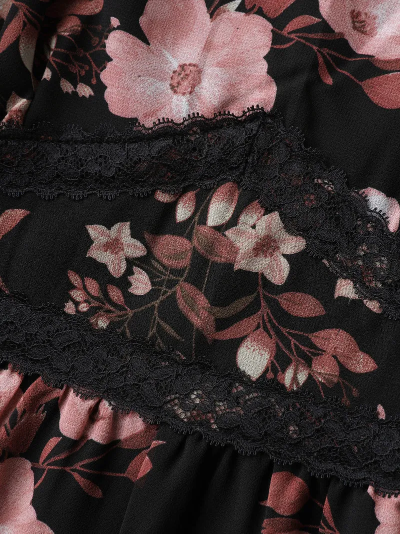 Chiffon Floral Print Lace Trim Midi Dress