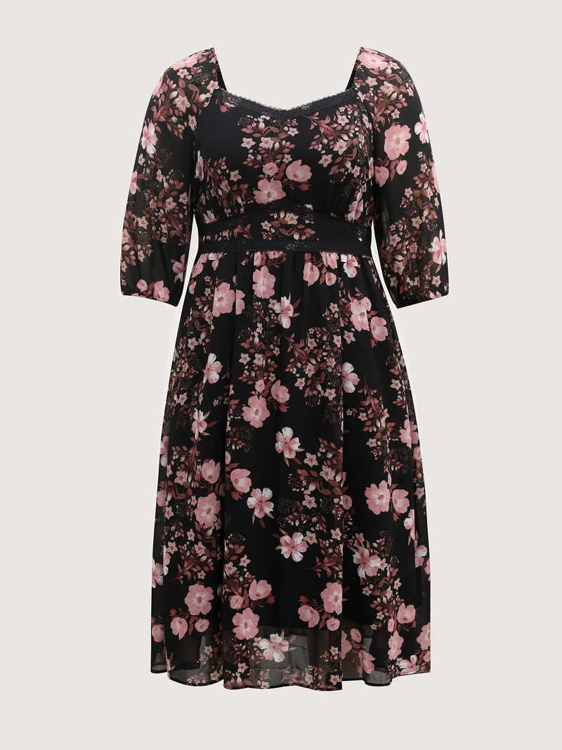 Chiffon Floral Print Lace Trim Midi Dress
