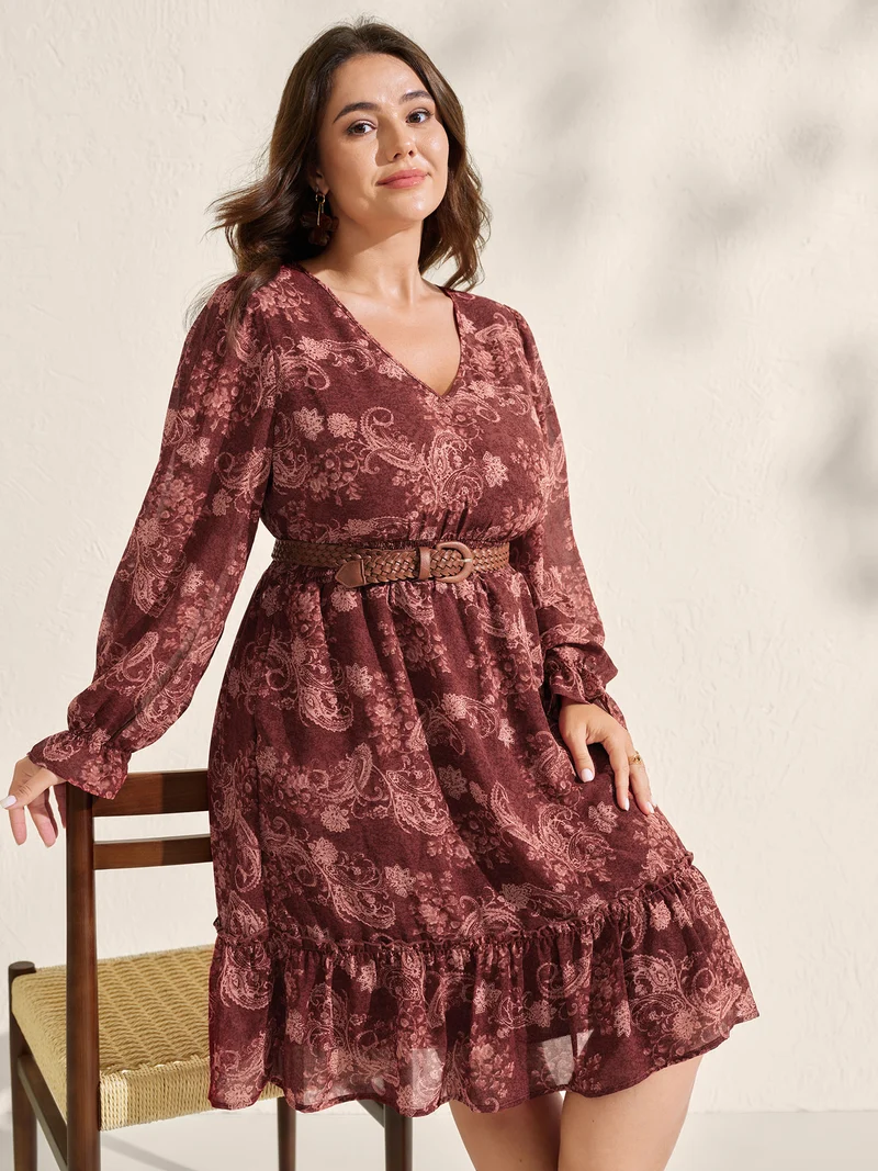 Paisley Print Shirred Waist Tiered Midi Dress