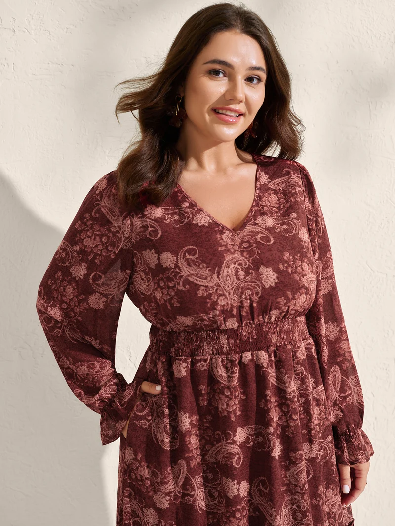 Paisley Print Shirred Waist Tiered Midi Dress