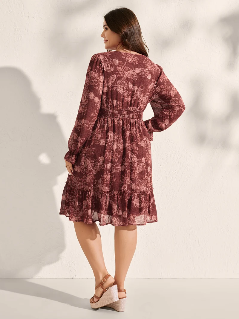 Paisley Print Shirred Waist Tiered Midi Dress