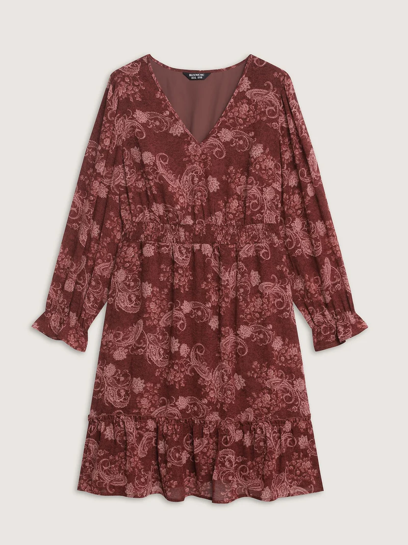Paisley Print Shirred Waist Tiered Midi Dress