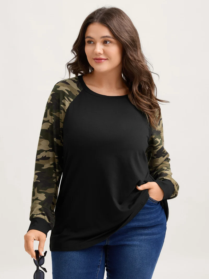 Camouflage Raglan Sleeve Round Neck T-Shirt
