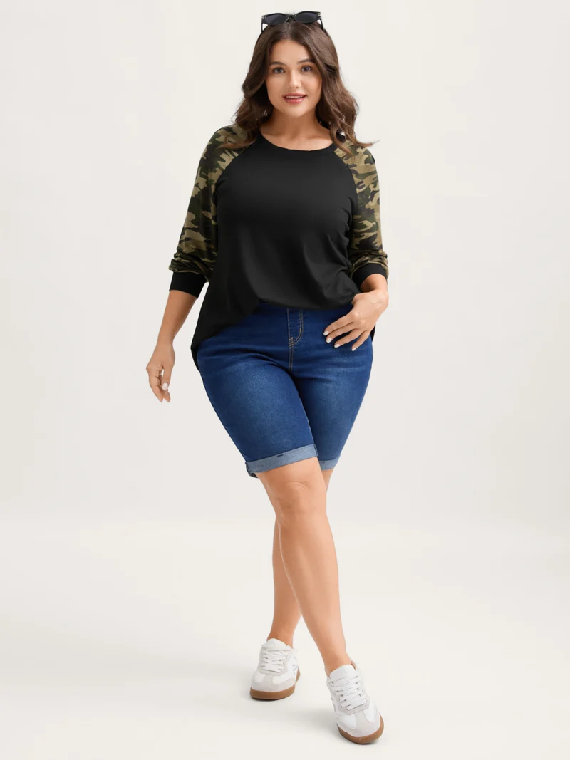 Camouflage Raglan Sleeve Round Neck T-Shirt