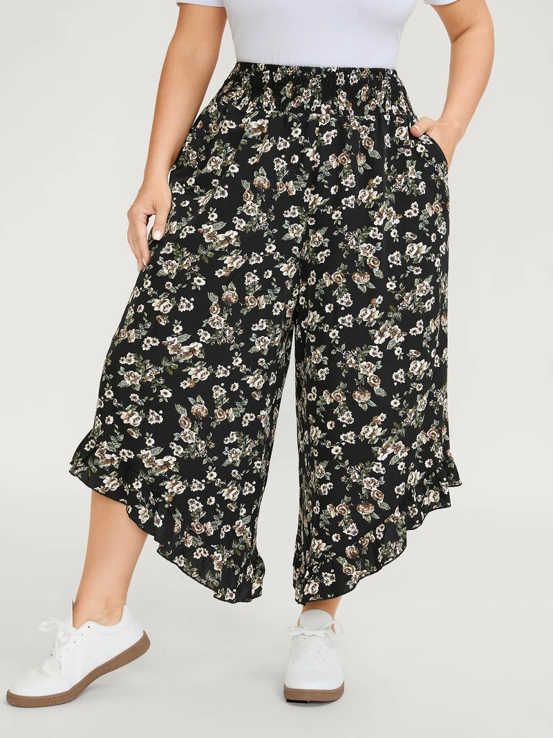 Floral Print Asymmetrical Ruffled Hem Pants