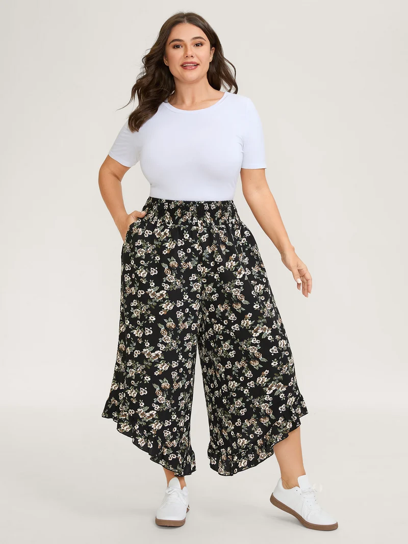 Floral Print Asymmetrical Ruffled Hem Pants