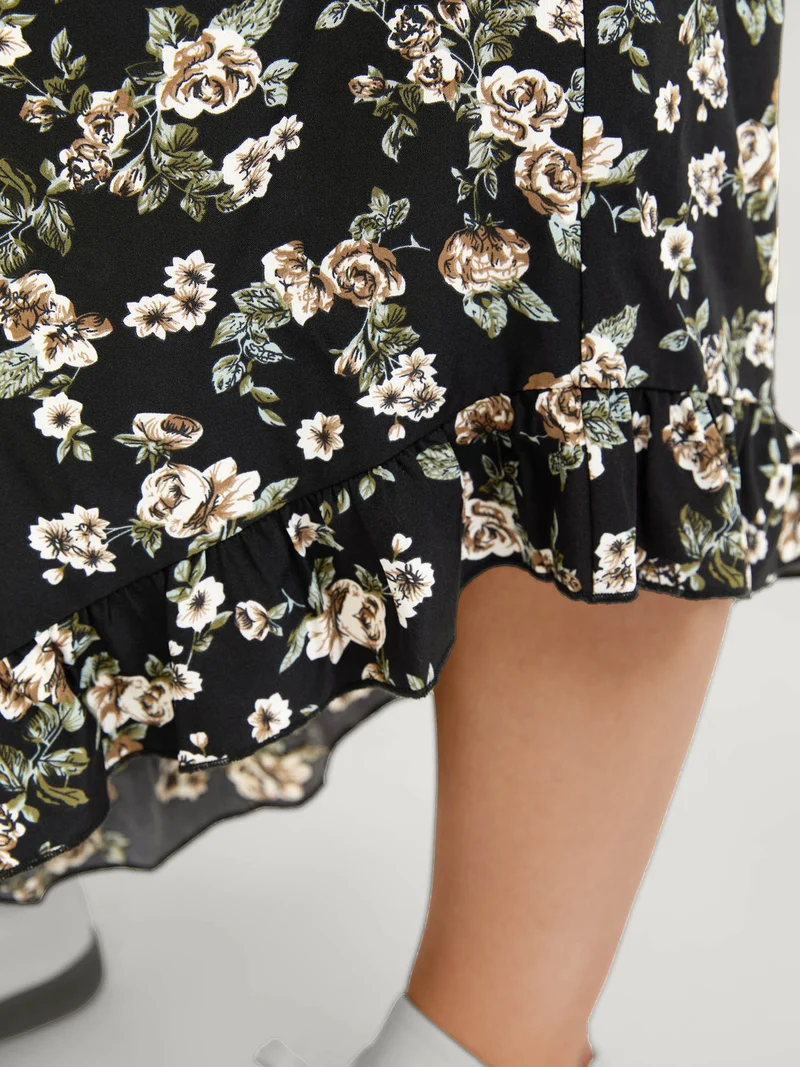 Floral Print Asymmetrical Ruffled Hem Pants