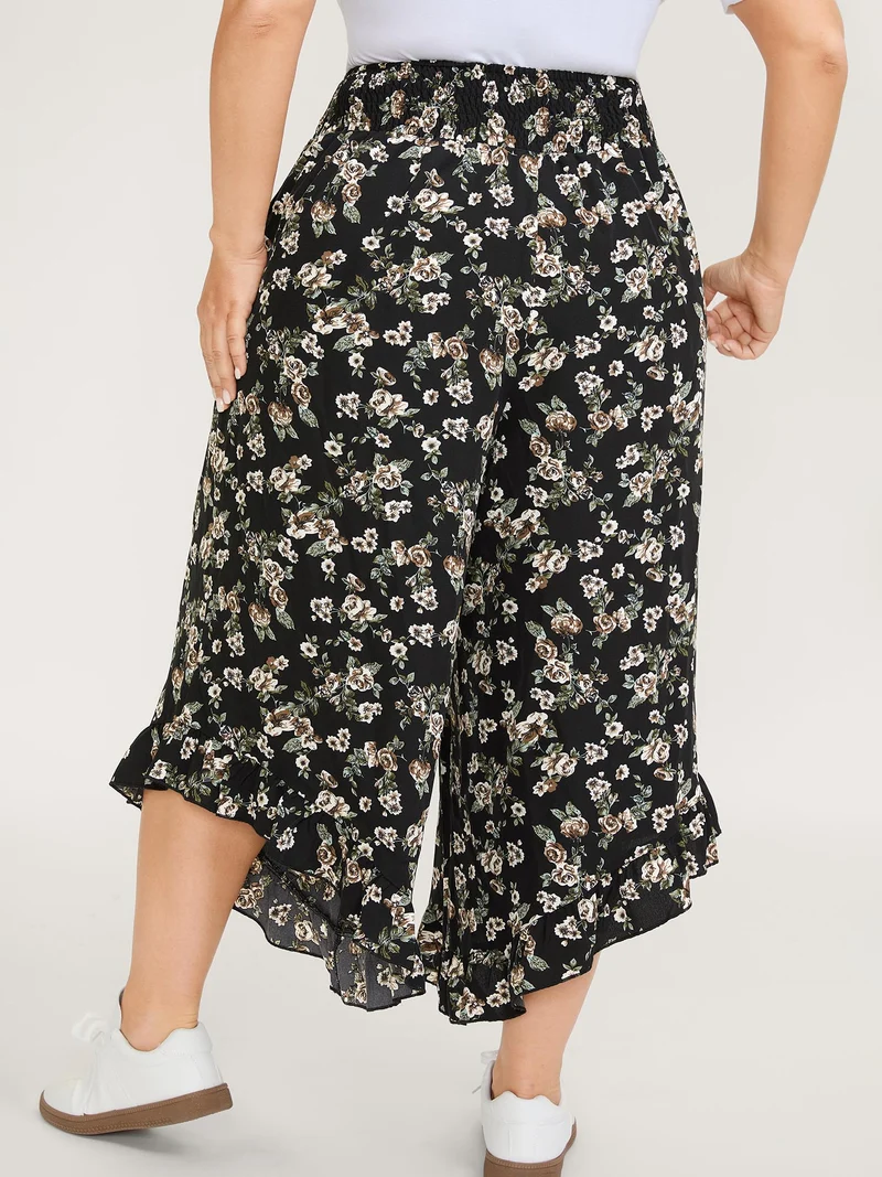 Floral Print Asymmetrical Ruffled Hem Pants