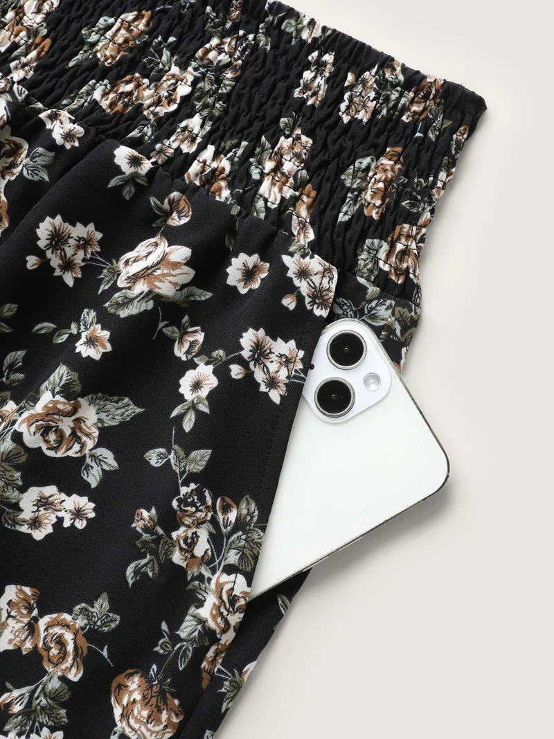 Floral Print Asymmetrical Ruffled Hem Pants