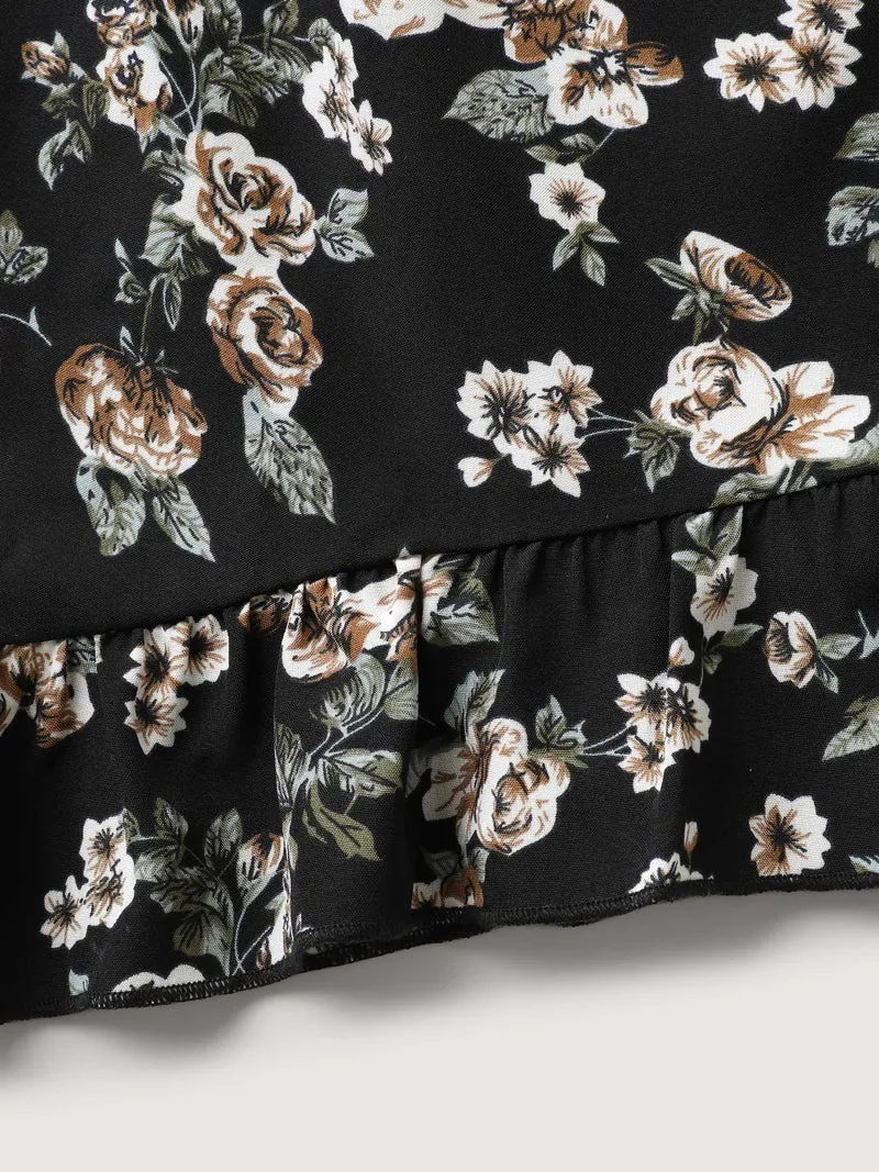 Floral Print Asymmetrical Ruffled Hem Pants