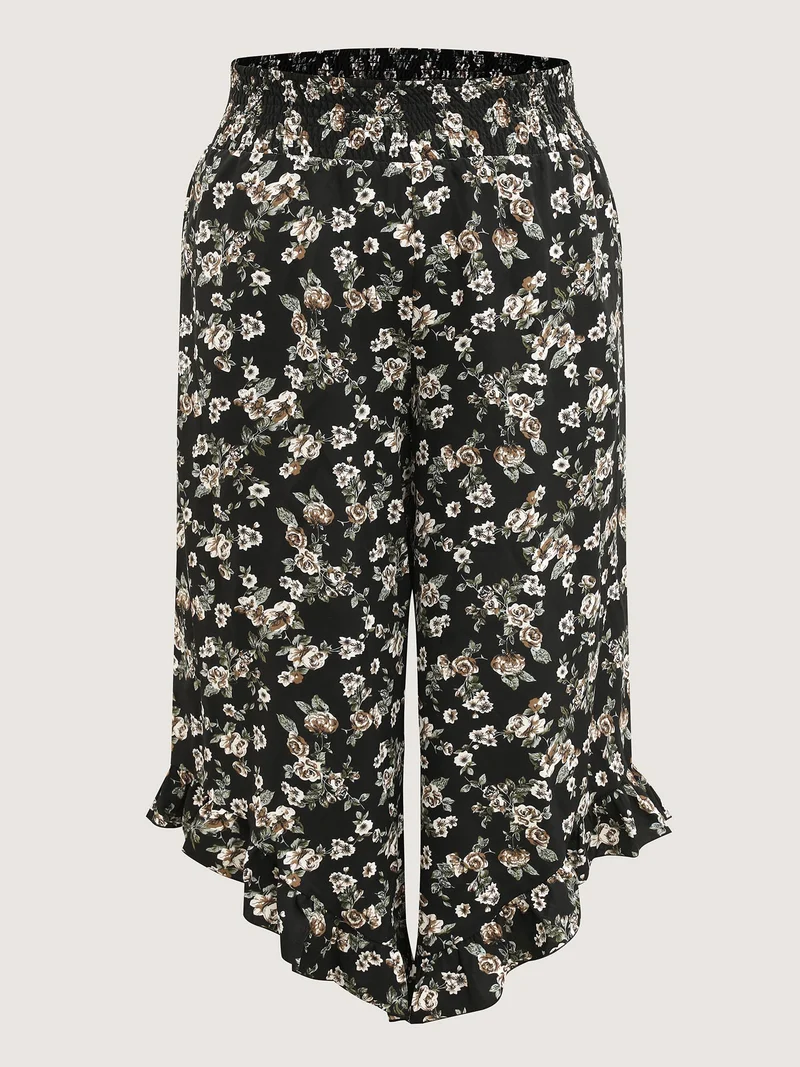 Floral Print Asymmetrical Ruffled Hem Pants