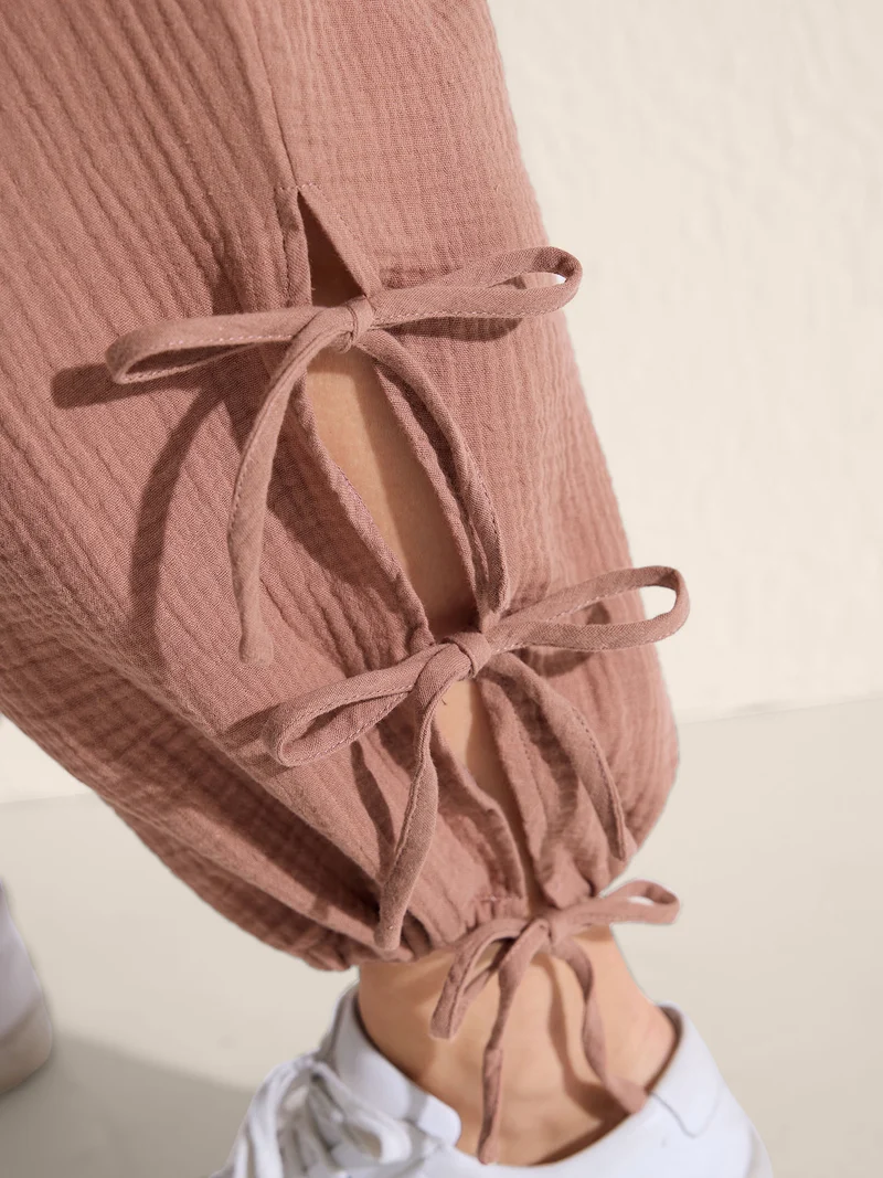 Tie-Hem Slits Cuffed Waist-Tie Pockets Pants