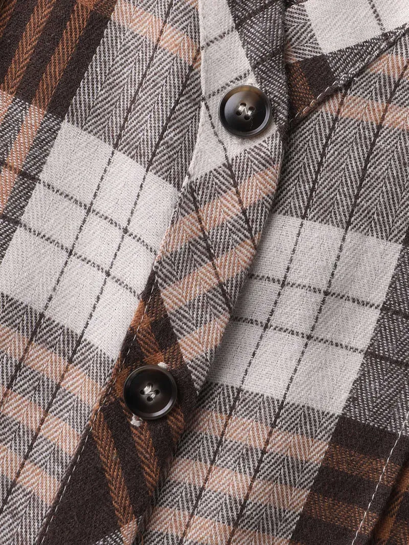 Plaid Print Button Placket Curvy Hem Blouse