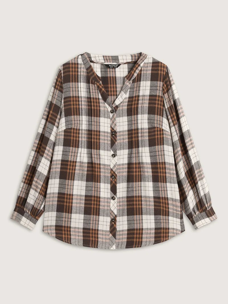 Plaid Print Button Placket Curvy Hem Blouse