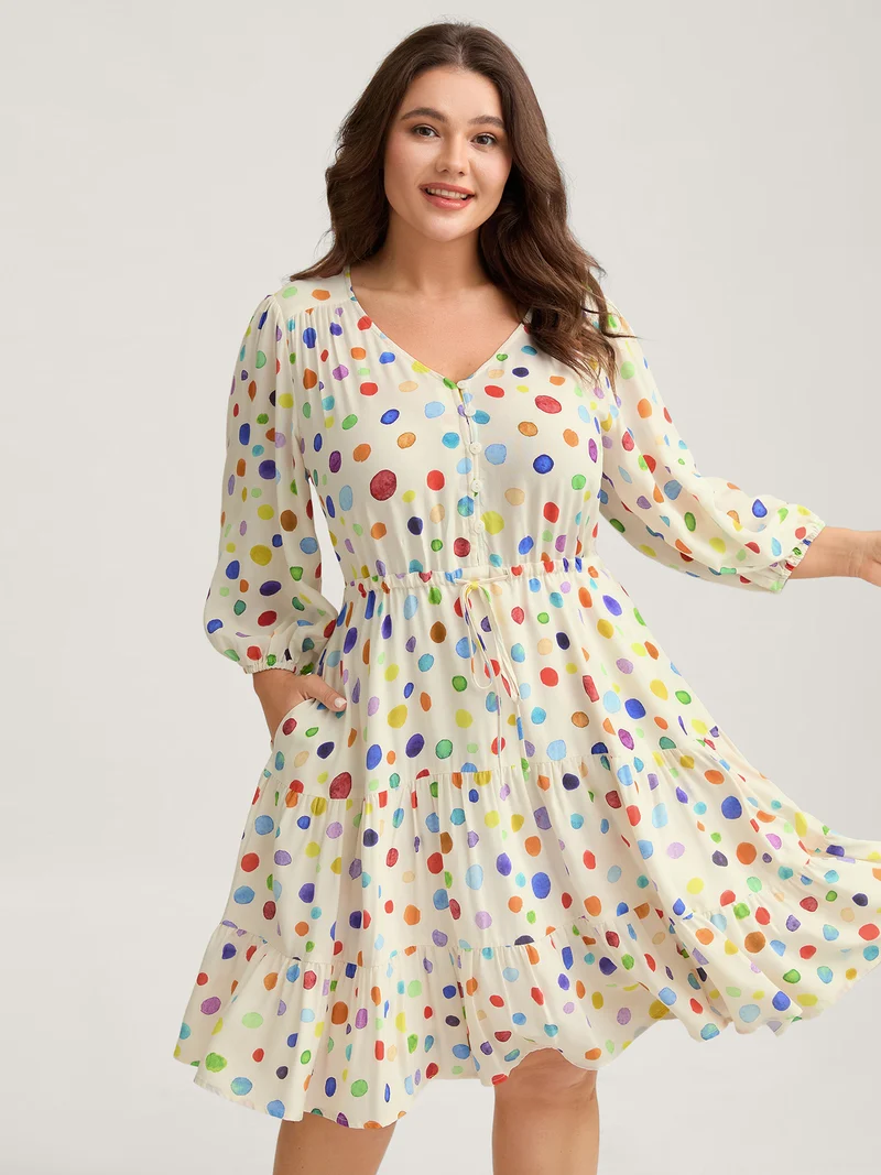 Colorful Polka Dots Waist Drawstring Midi Dress