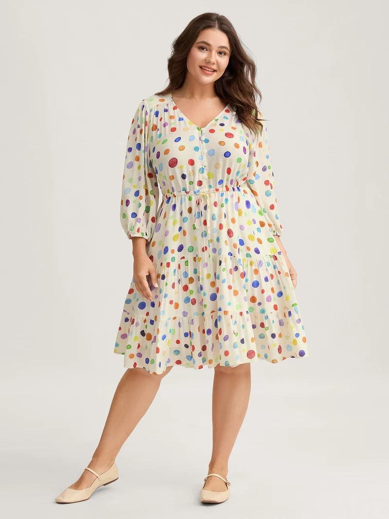 Colorful Polka Dots Waist Drawstring Midi Dress