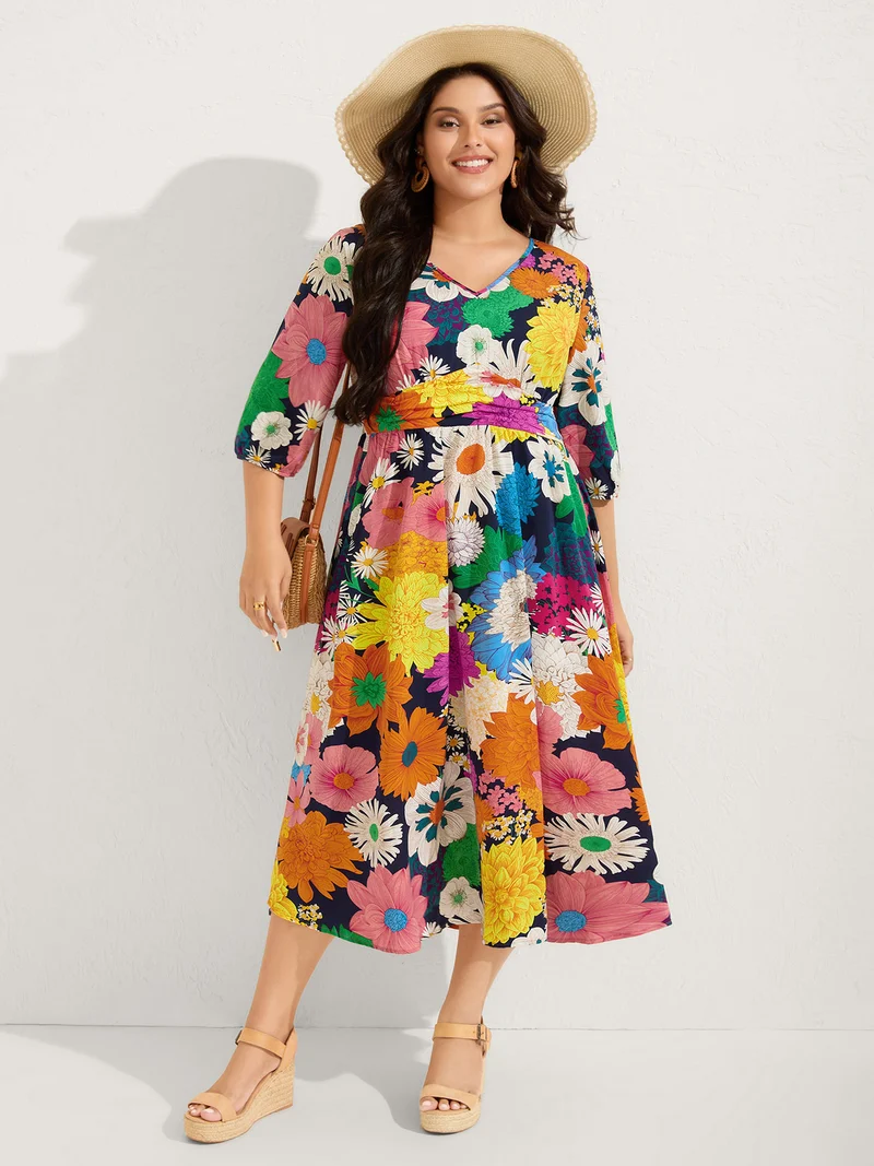 Colorful Floral Print Shirred Waist Midi Dress