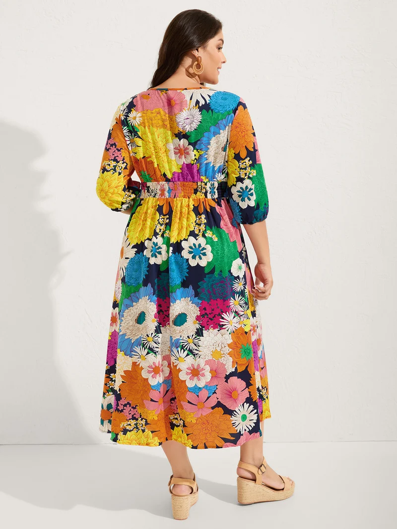 Colorful Floral Print Shirred Waist Midi Dress