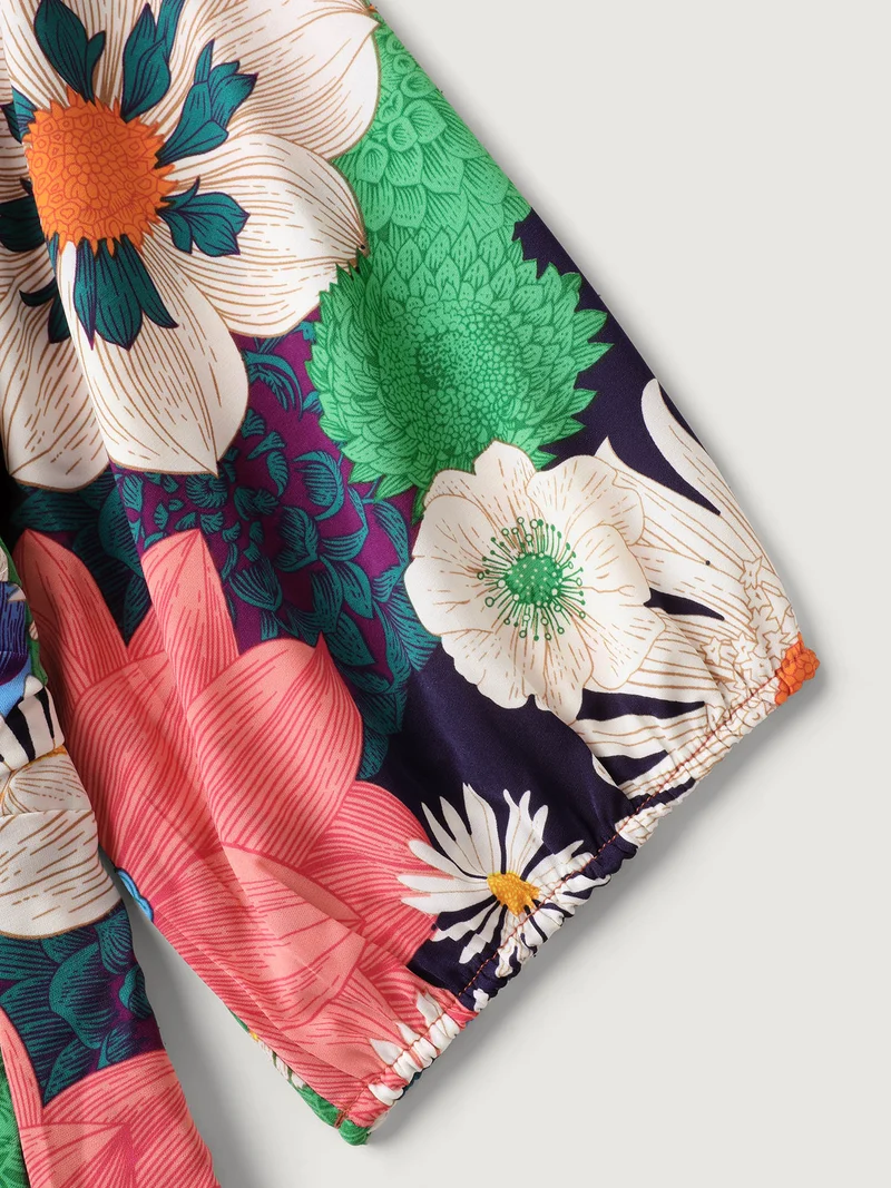 Colorful Floral Print Shirred Waist Midi Dress