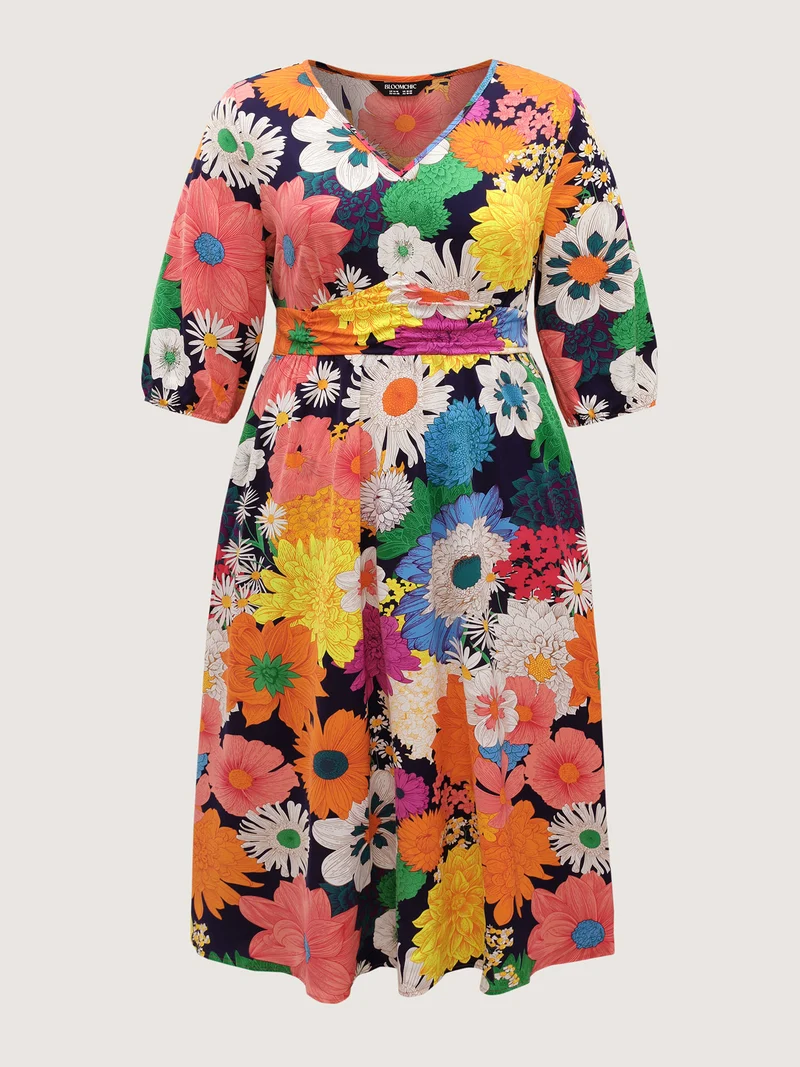 Colorful Floral Print Shirred Waist Midi Dress