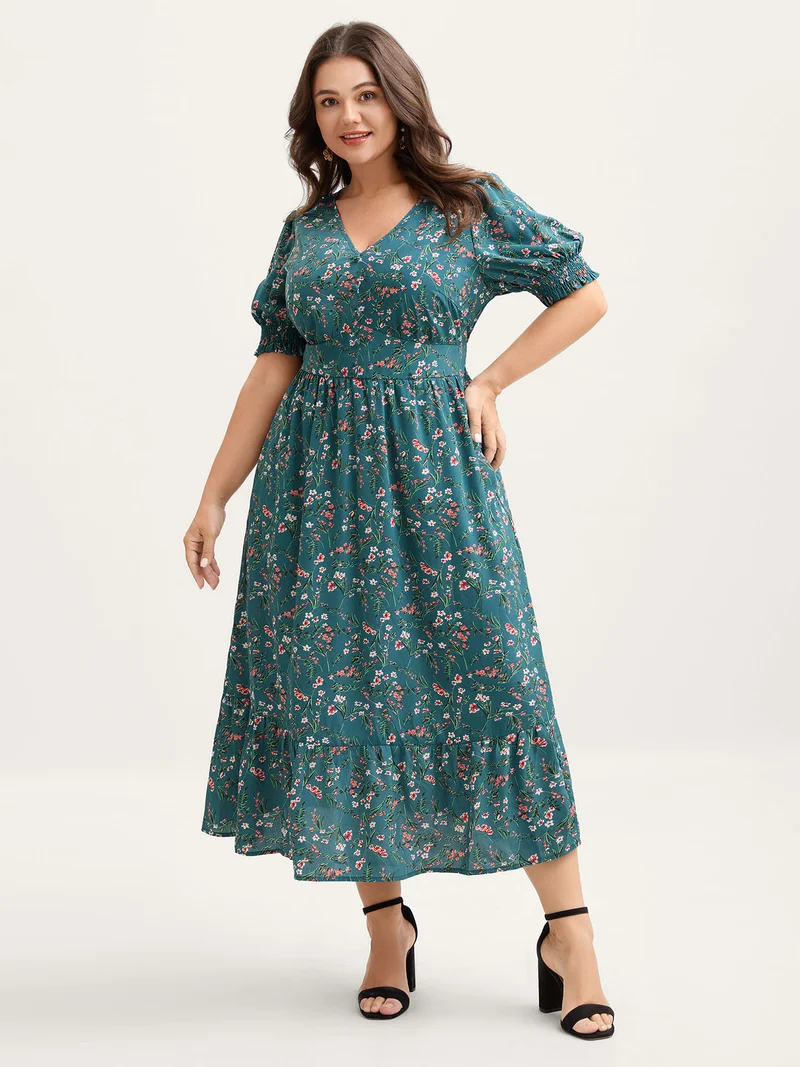Retro Floral Print Button Detail Midi Dress