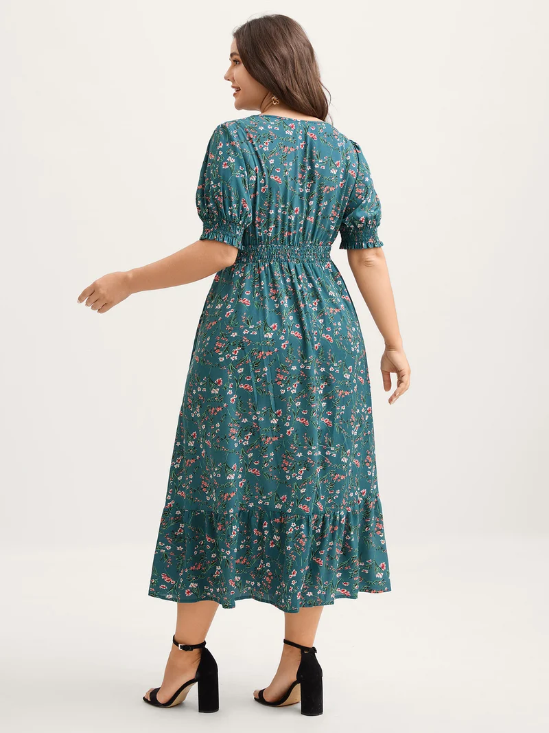 Retro Floral Print Button Detail Midi Dress