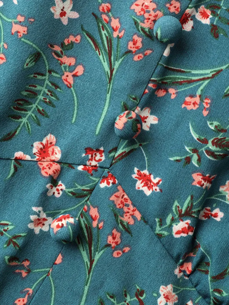 Retro Floral Print Button Detail Midi Dress