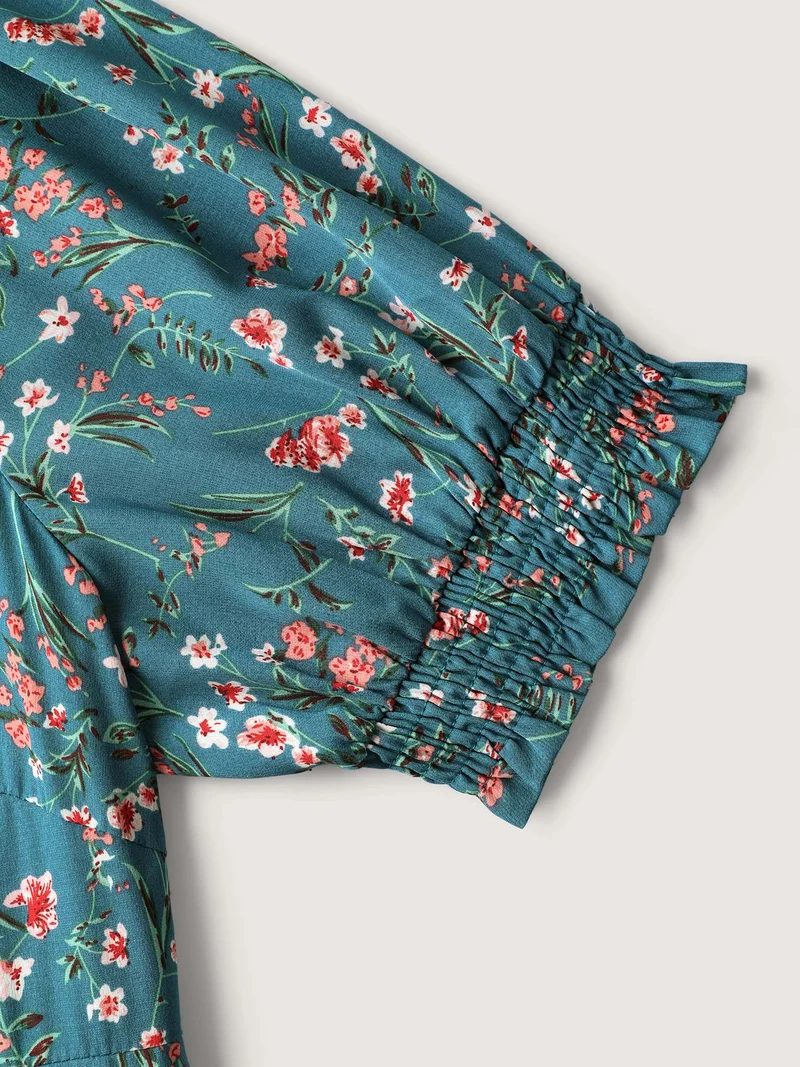 Retro Floral Print Button Detail Midi Dress