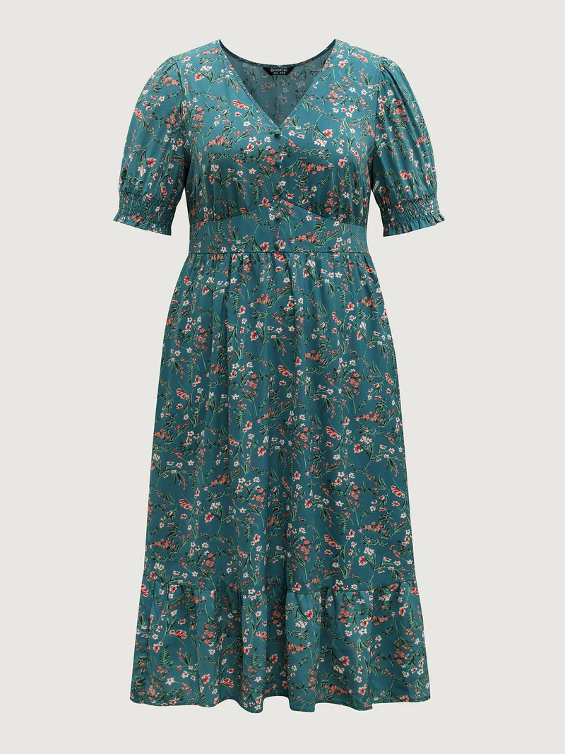 Retro Floral Print Button Detail Midi Dress