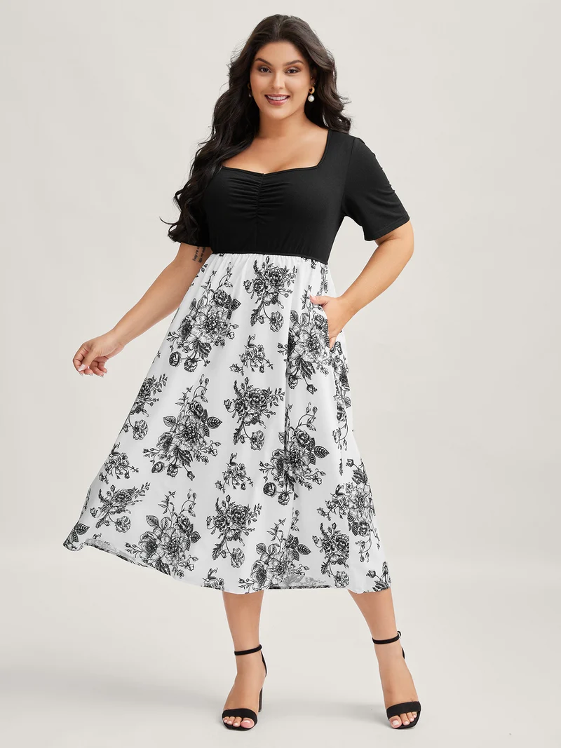 Floral Print Pockets Contrast Midi Dress