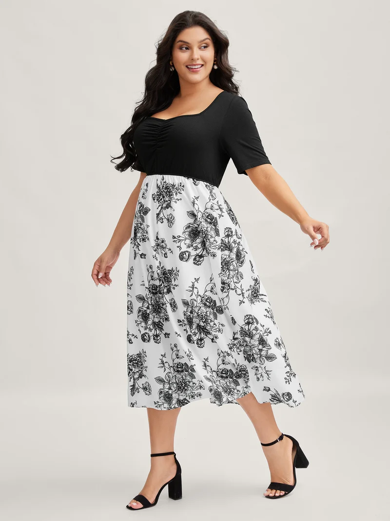Floral Print Pockets Contrast Midi Dress