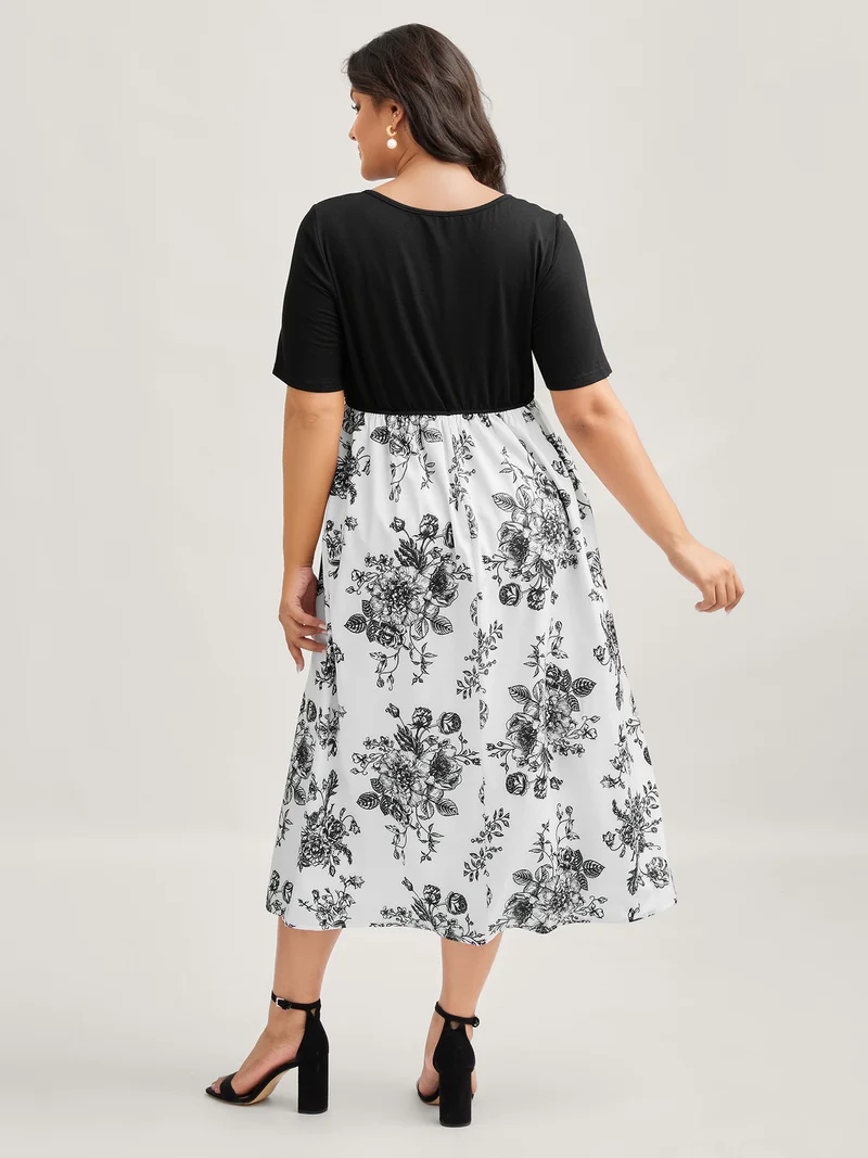 Floral Print Pockets Contrast Midi Dress