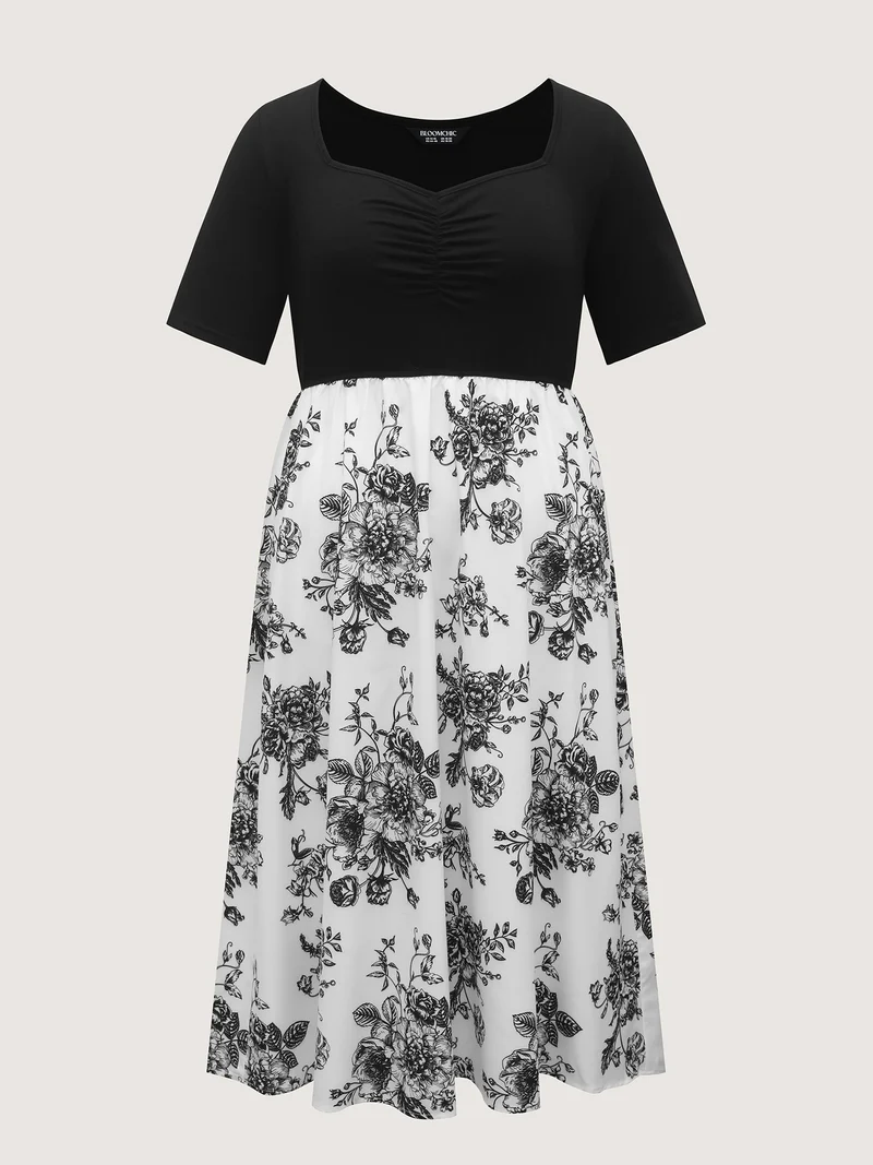 Floral Print Pockets Contrast Midi Dress