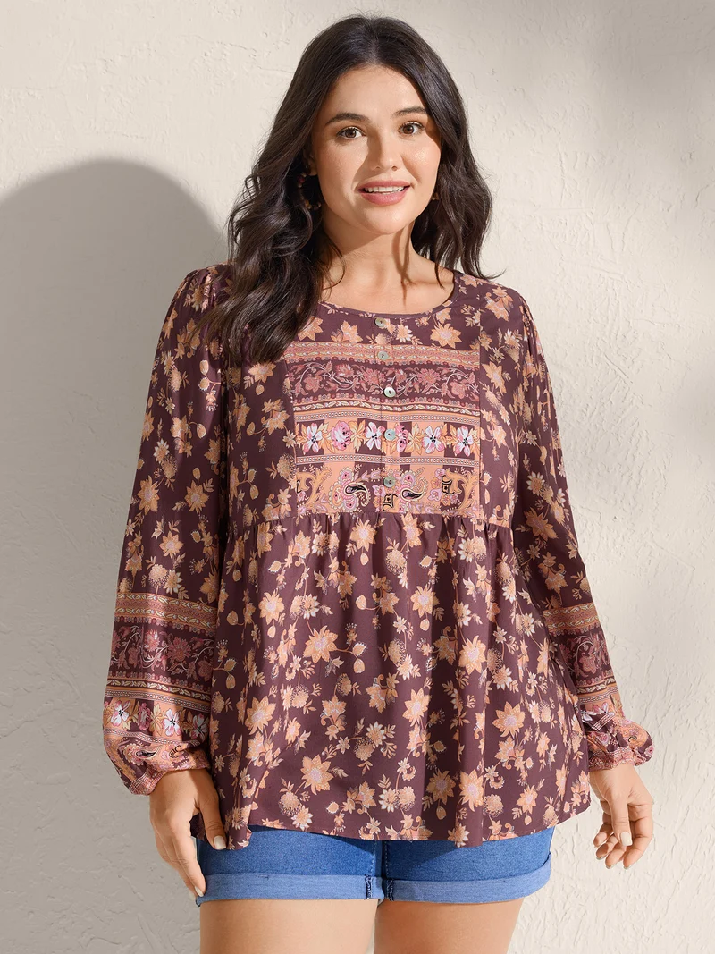 Floral Mixed Print Puffy Sleeve Blouse