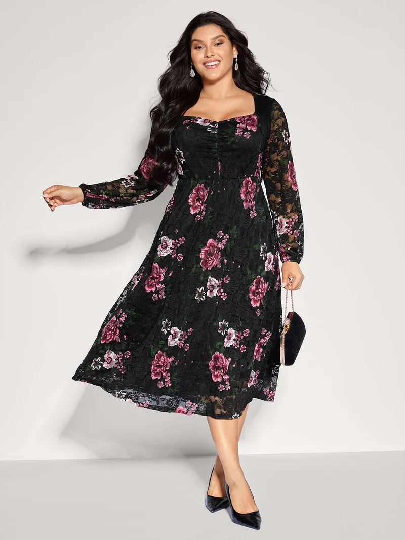 Floral Lace Trim Stretchy Waist Midi Dress