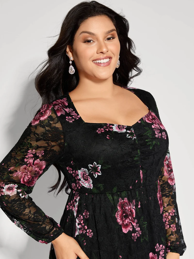 Floral Lace Trim Stretchy Waist Midi Dress