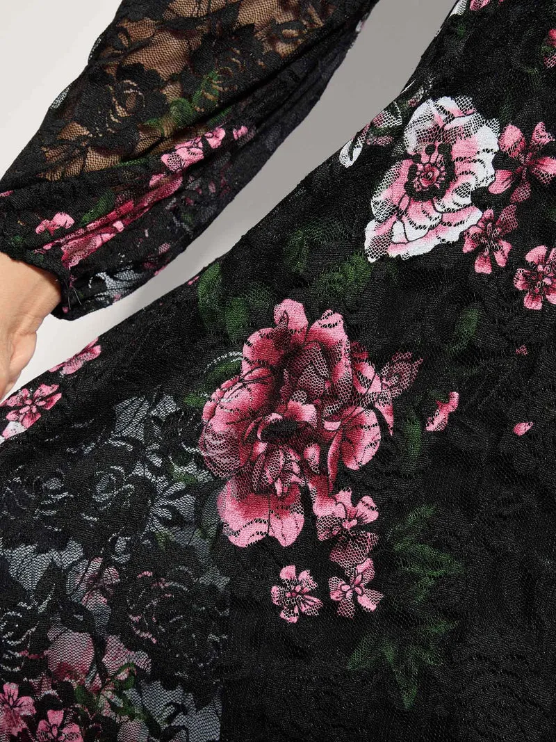 Floral Lace Trim Stretchy Waist Midi Dress