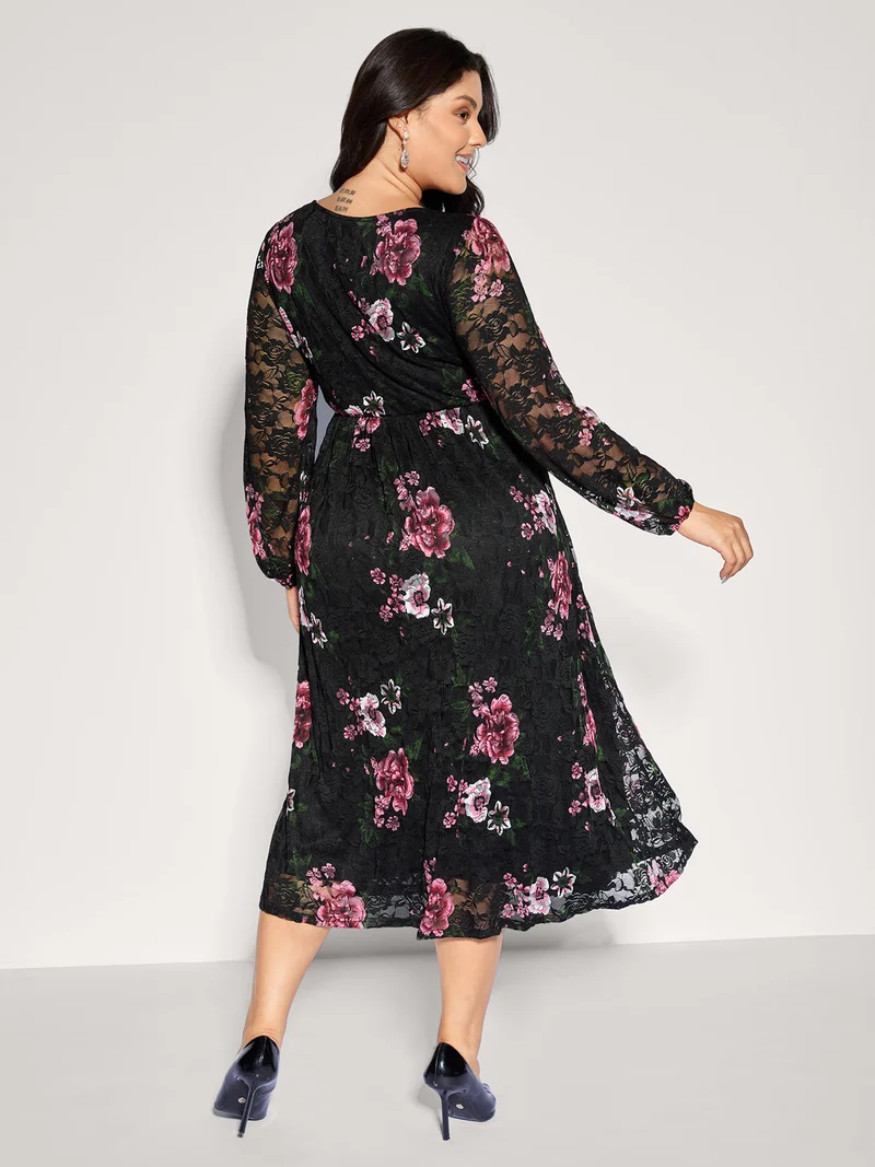 Floral Lace Trim Stretchy Waist Midi Dress