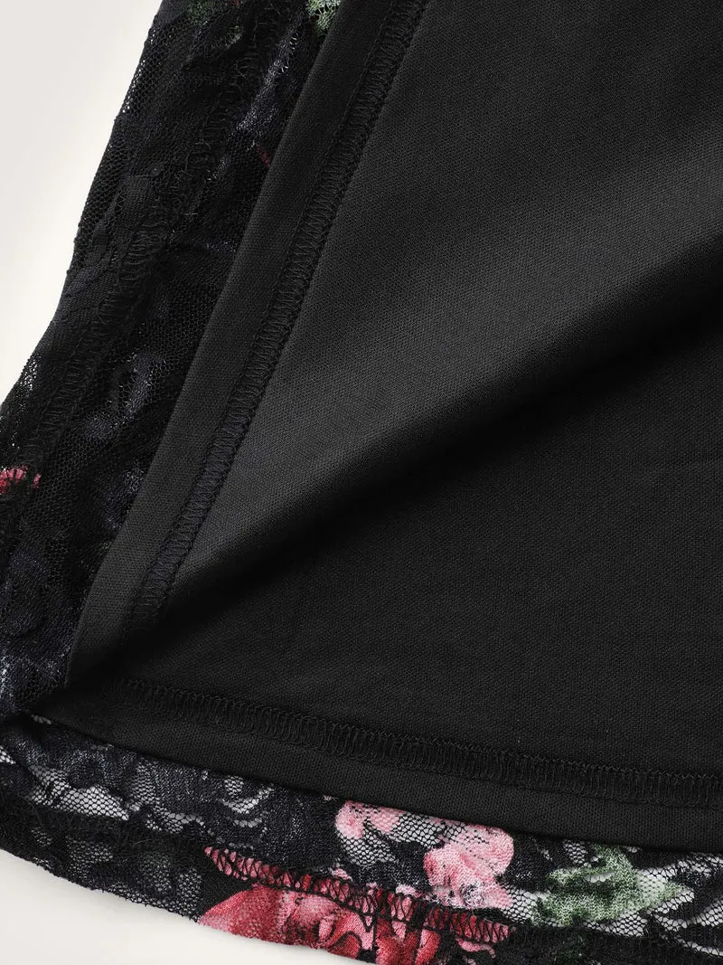 Floral Lace Trim Stretchy Waist Midi Dress