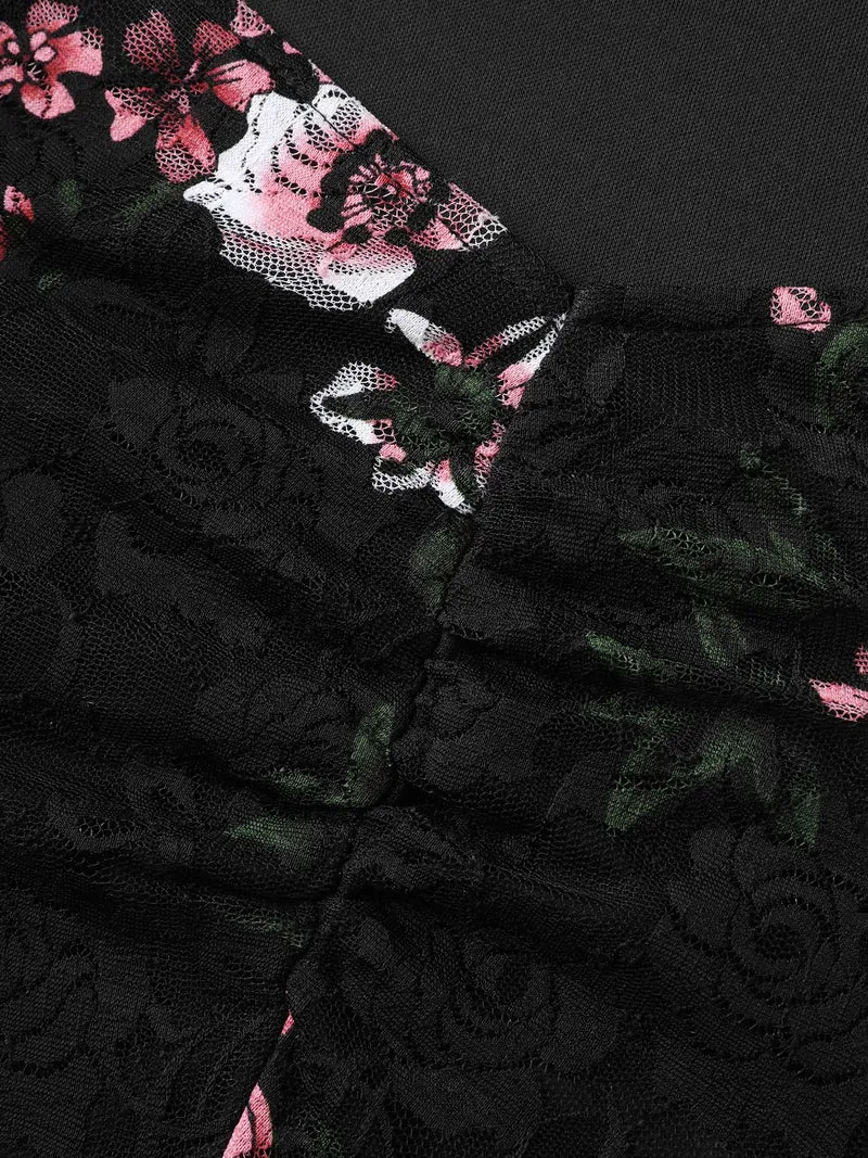 Floral Lace Trim Stretchy Waist Midi Dress