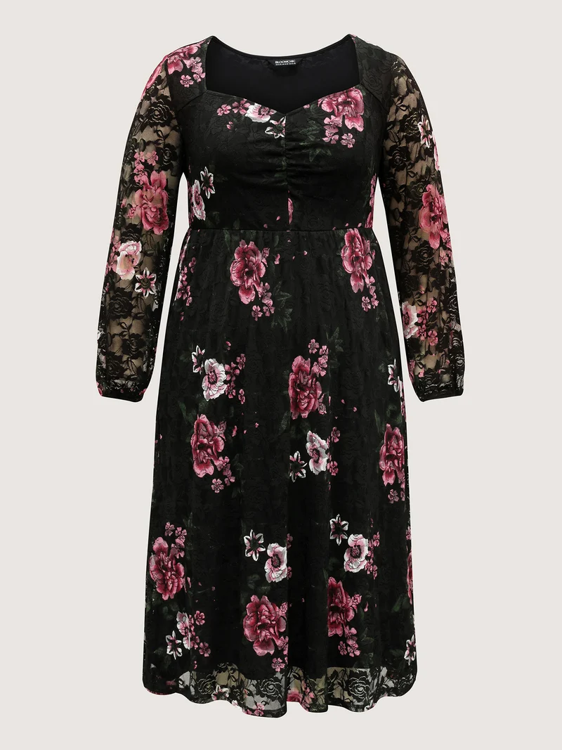 Floral Lace Trim Stretchy Waist Midi Dress