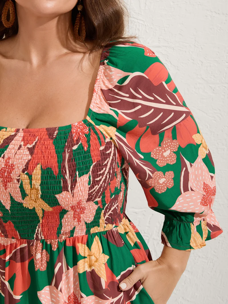 Rayon Tropical Floral Shirred Stretchy Waist Midi Dress