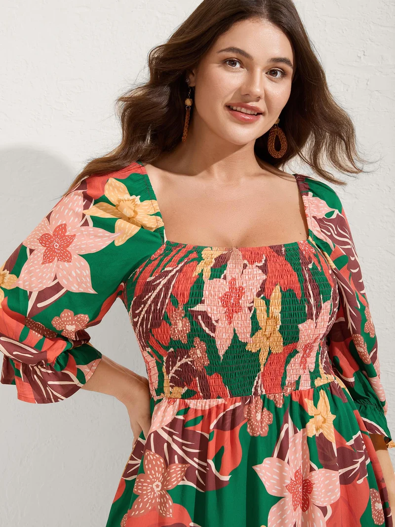 Rayon Tropical Floral Shirred Stretchy Waist Midi Dress