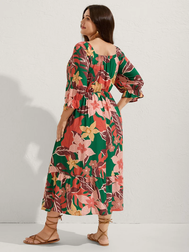 Rayon Tropical Floral Shirred Stretchy Waist Midi Dress