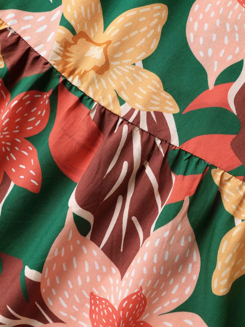 Rayon Tropical Floral Shirred Stretchy Waist Midi Dress