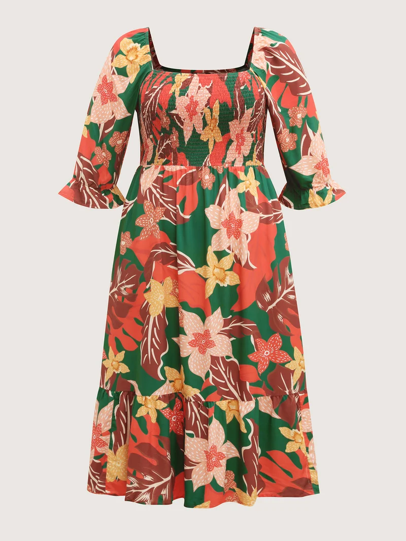 Rayon Tropical Floral Shirred Stretchy Waist Midi Dress