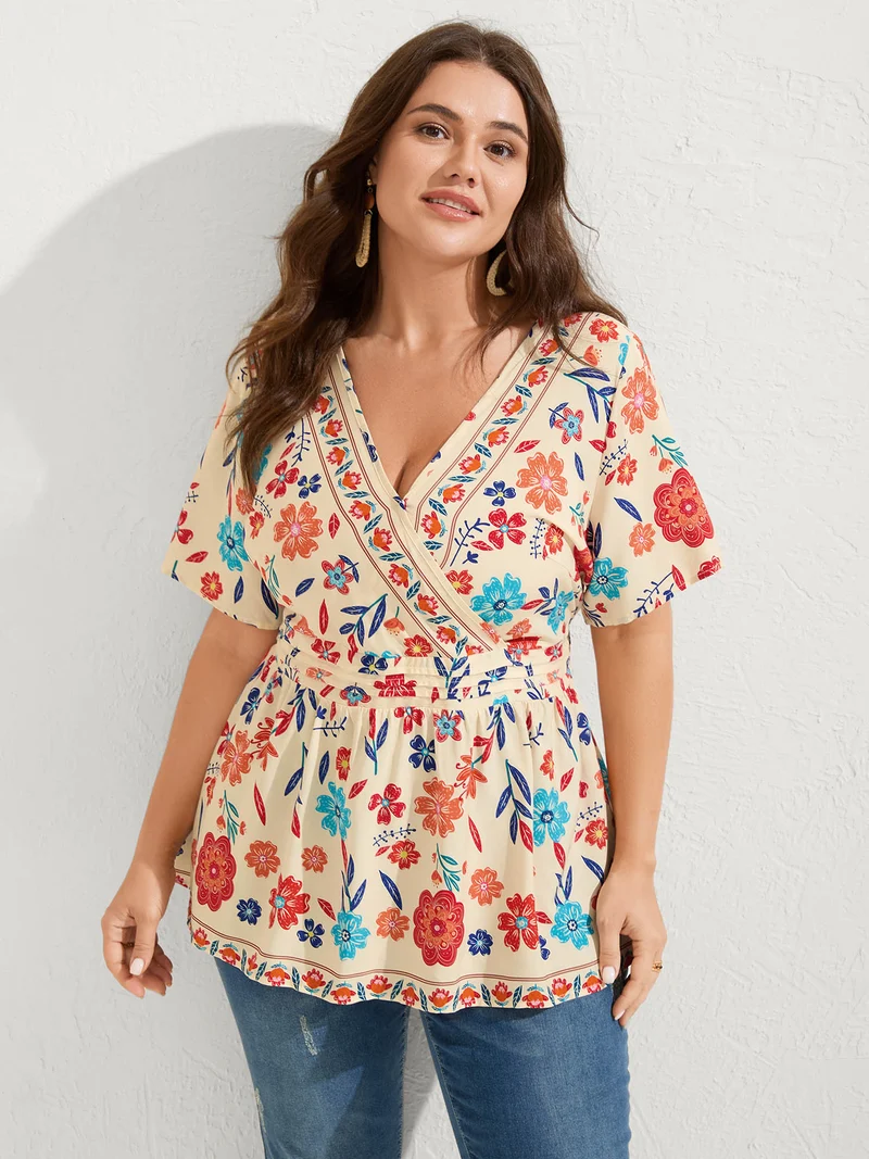 Floral Print Pleated Waist Surplice Blouse