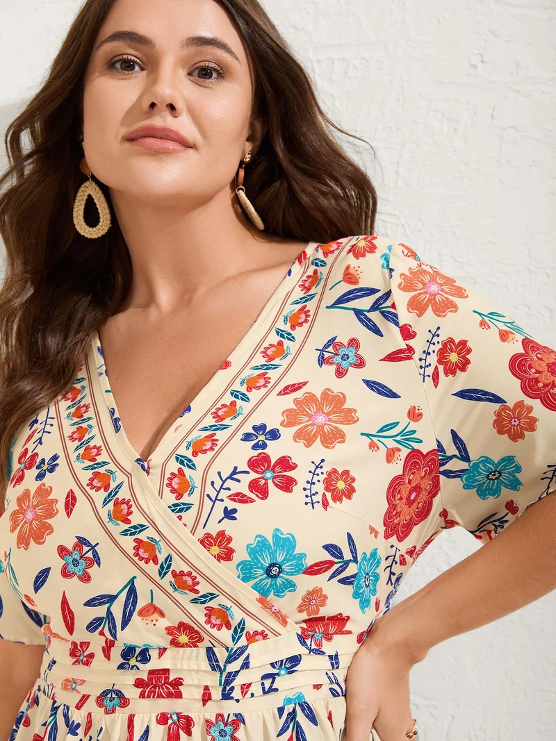 Floral Print Pleated Waist Surplice Blouse