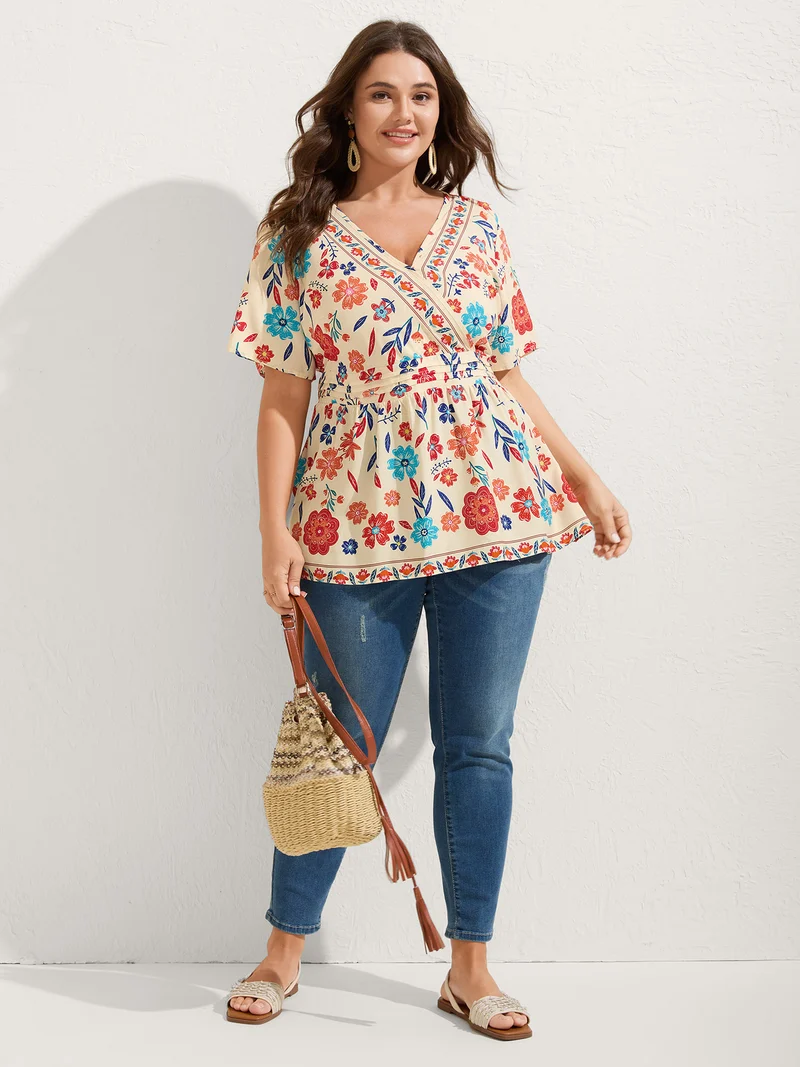 Floral Print Pleated Waist Surplice Blouse