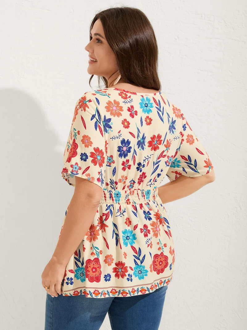 Floral Print Pleated Waist Surplice Blouse